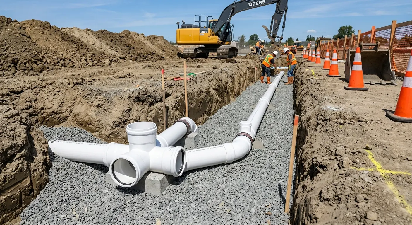 New PVC sewer pipe installation in open trench for Commercial Drain Cleaning in Travilah
